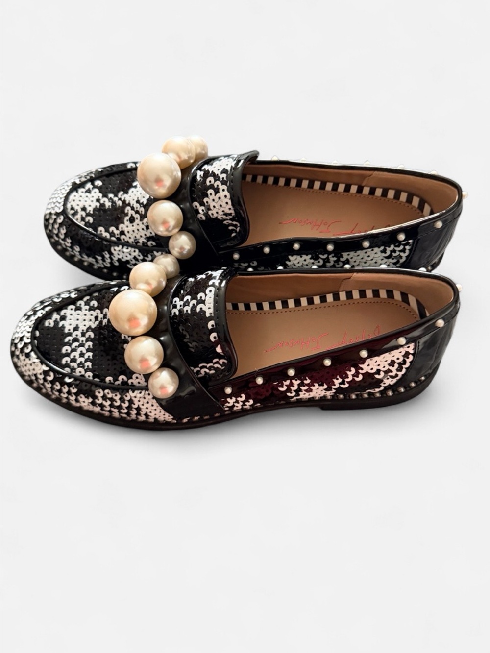 Betsey Johnson Black Sequin Loafers with Pearl Strap